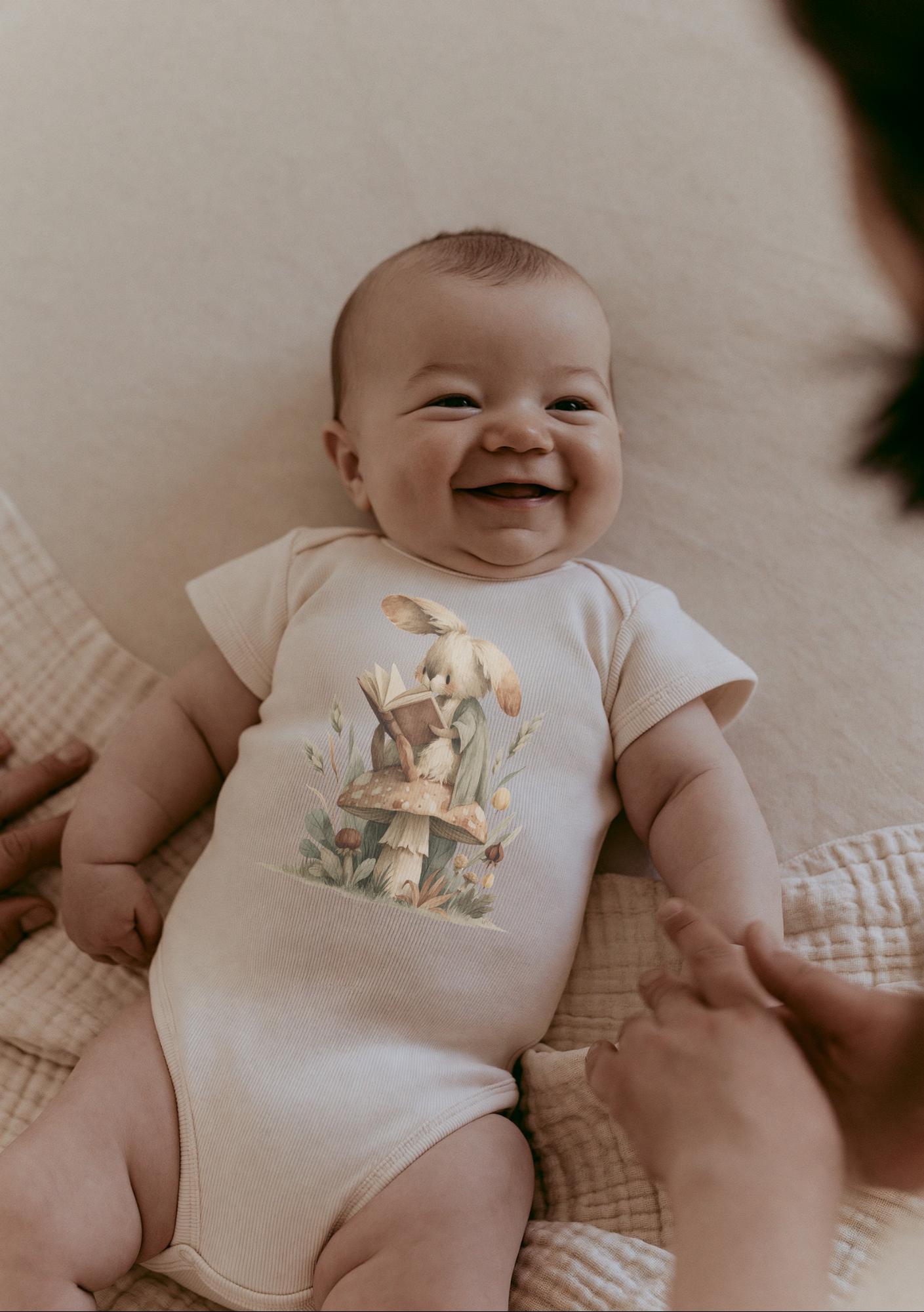 May include: A cream-colored short-sleeve baby bodysuit featuring a central graphic illustration of a small rabbit sitting on a mushroom while reading an open book, surrounded by soft-toned botanical elements and greenery.