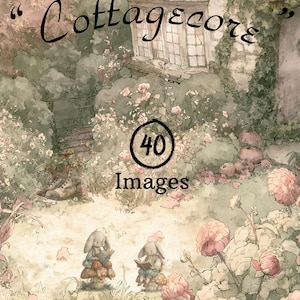 May include: A digital collection of 40 high-quality PNG images featuring a cottagecore theme. The artwork displays a stone house, a garden with pink flowers, and two rabbits sitting on mushrooms reading books. Text includes PNG - HIGH QUALITY 300 DPI, Cottagecore, 40 Images, and Transparent background.