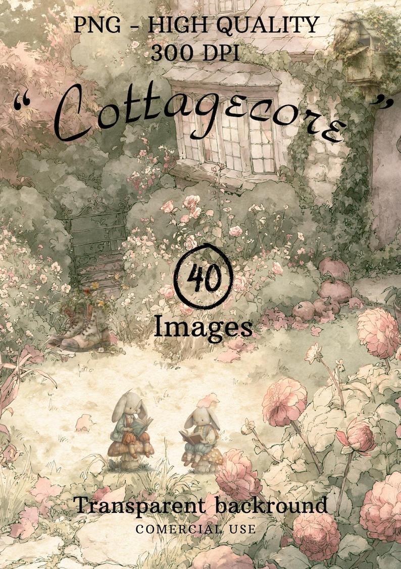 May include: A digital collection of 40 high-quality PNG images featuring a cottagecore theme. The artwork displays a stone house, a garden with pink flowers, and two rabbits sitting on mushrooms reading books. Text includes PNG - HIGH QUALITY 300 DPI, Cottagecore, 40 Images, and Transparent background.