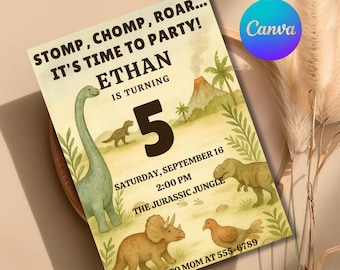 May include: A dinosaur-themed birthday party invitation with the text "STOMP, CHOMP, ROAR... IT'S TIME TO PARTY!" and "ETHAN IS TURNING 5". The invitation includes illustrations of dinosaurs and a volcano.