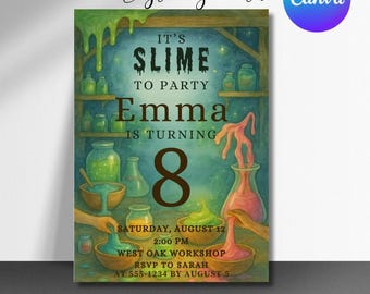 Może przedstawiać: Kapryśne zaproszenie na 8. urodziny z motywem slime. Projekt przedstawia laboratorium z słoikami, zlewkami i kolorowym slime. Tekst zawiera "It's Slime to Party Emma is turning 8" oraz szczegóły wydarzenia.
