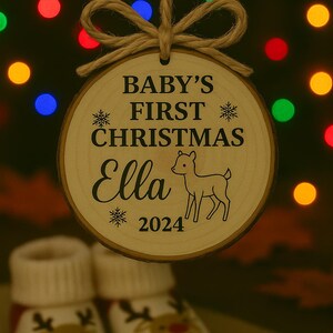 Personalized Baby’s First Christmas Ornament - 2025 Custom Wood Slice - Rustic Deer Baby Ornament - Woodland Holiday Keepsake