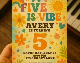 Invitación retro para 5.º cumpleaños: Fiesta con ambiente genial, plantilla editable (descarga digital)