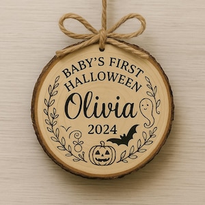Personalized Baby&#39;s First Halloween Ornament: Rustic Wood Slice Keepsake