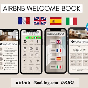 May include: A digital Airbnb welcome book template displayed on four smartphone screens. The screens show various icons, text labels like Things to Know and House Rules, and language selection flags. The bottom text reads airbnb Booking.com VRBO.