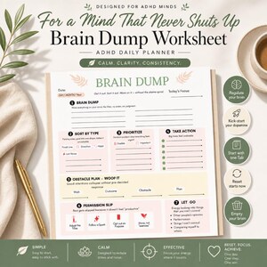 Op de afbeelding: Een Brain Dump werkblad als dagelijkse ADHD-planner met secties voor sorteren, prioriteren en actie ondernemen. Het document bevat tekstkoppen zoals Brain Dump, Sort by Type, Prioritize, Take Action, Obstacle Plan, Permission Slip en Let Go, in een zacht kleurenpalet van groen, roze en geel.