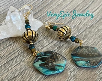 Shimmery Turquoise Boho Elegant Earrings Long Dangle Bohemian Assemblage Earrings Handmade Polymer Clay Earrings