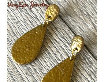 Faux Hammered Metal Golden Dangle Earrings Polymer Clay Statement Earrings