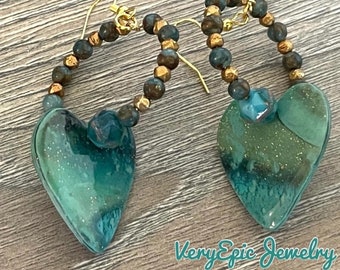 Shimmery Turquoise Boho Elegant Earrings Dangly Hearts Bohemian Assemblage Earrings Handmade Polymer Clay Earrings