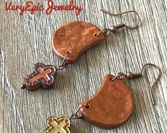 Faux Hammered Metal Polymer Clay Earrings Religious Cross Earrings Stylish Earrings Elegant Long Dangle Earrings Assemblage Earrings