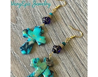 Shimmery Turquoise Cross Earrings Elegant Earrings Dangly Cross Earrings Assemblage Earrings Handmade Polymer Clay Earrings