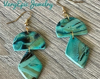 Shimmery Turquoise Boho Elegant Earrings Dangle Bohemian Assemblage Earrings Handmade Polymer Clay Earrings