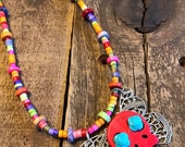 Bohemian Style Sugar Skull Necklace, Red Sugar Skull, Colorful Beaded Day of the Dead Necklace, Dia de los Muertos Necklace, Butterfly