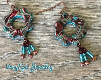 Rustic Boho Earrings Long Beaded Dangle Bohemian Assemblage Earrings Handmade Polymer Clay Earrings