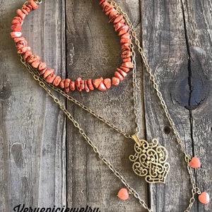 Boho Necklace, Peach Colored Gemstones, Bohemian Necklace, Beaded Necklace, Bohemian Jewelry, Multi Strand Necklace, Layered Boho Necklace