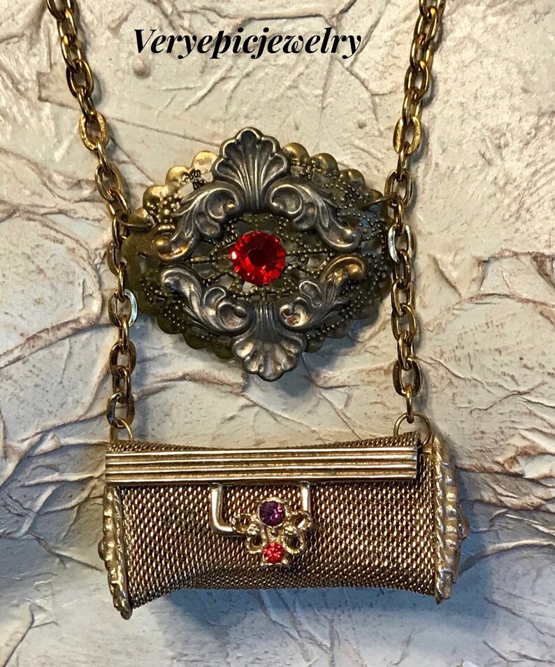 Vintage Repurposed Lipstick Holder Necklace Ornate Necklace Assemblage Necklace Red Crystal
