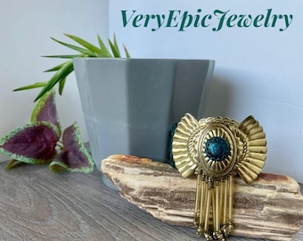 Southwestern Brass Cuff Bracelet, Green Austrian Crystals, Beaded Dangles