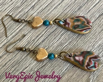 Rustic Boho Earrings Long Beaded Dangle Bohemian Assemblage Earrings Handmade Polymer Clay Earrings