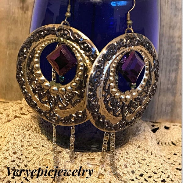 Purple Ornate Large Hoop Bohemian Earrings, Purple Gypsy Boho Crystal Earrings, Large Brushed Gold Tone Evening Earrings, Special Occasion