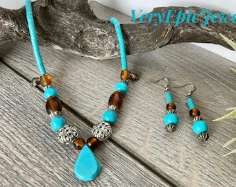 Turquoise and Brown Beaded Necklace & Earrings, Southwestern Jewelry Set