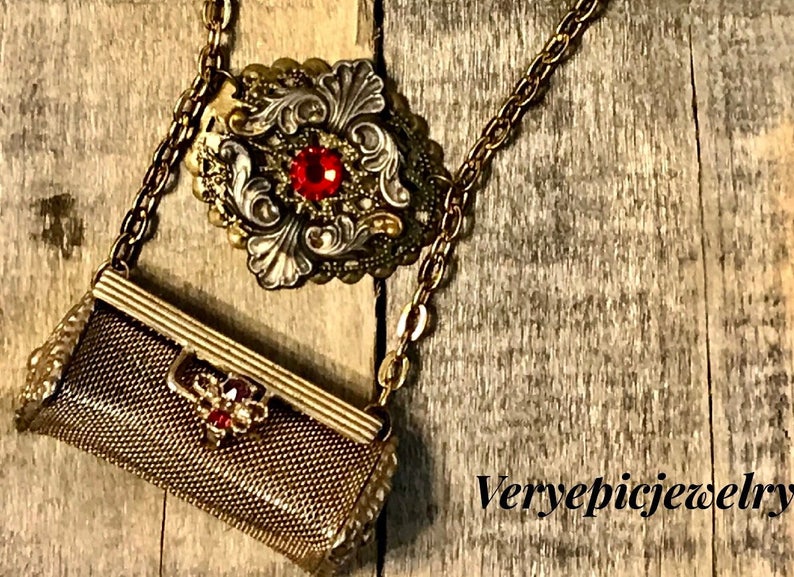 Vintage Repurposed Lipstick Holder Necklace Ornate Necklace Assemblage Necklace Red Crystal
