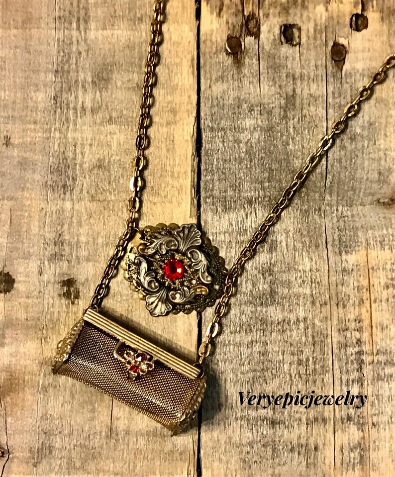 Vintage Repurposed Lipstick Holder Necklace Ornate Necklace Assemblage Necklace Red Crystal