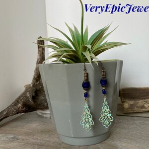 Boho Turquoise Filigree Earrings, Cobalt Blue Glass Bead Dangles