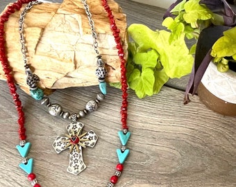 Cowgirl Chic Cross Necklace, Southwestern Necklace, Turquoise Coral Beaded Necklace, Boho Jewelry, Cowgirl Couture, Assemblage Necklace