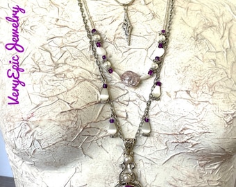 Multi Strand Gypsy Necklace, Stunning Gemstone Necklace, Elegant Bohemian Necklace, Handmade Beaded Necklace, Purple Turquoise Pendant