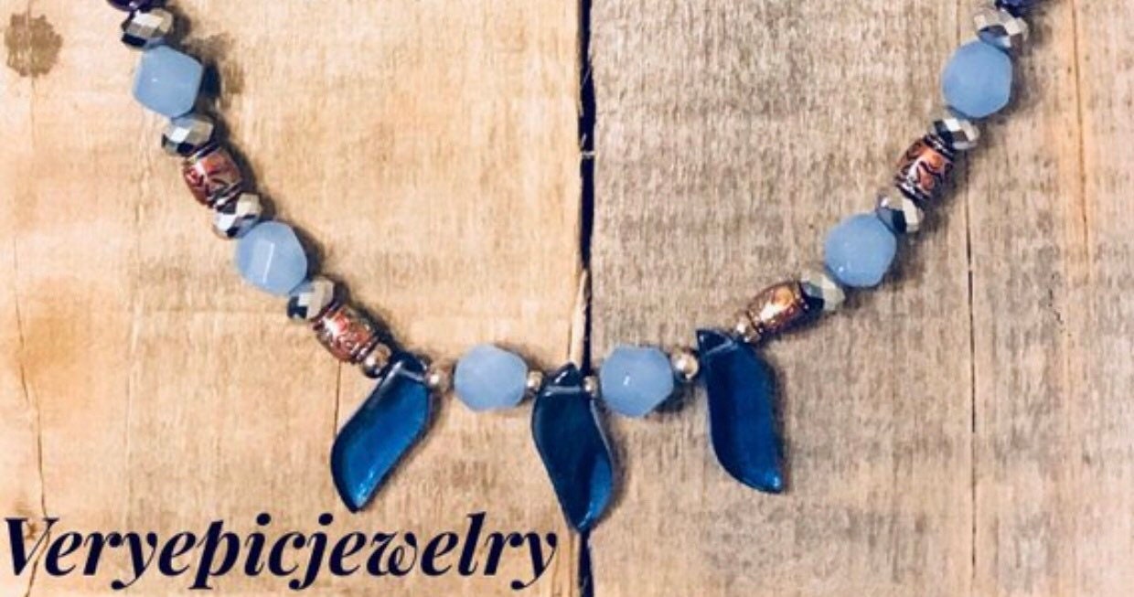 Blue glass beads and purple Pearls beaded assemblage necklace Etsy