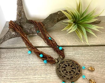 Rustic Turquoise Beaded Necklace, Tribal Medallion Pendant