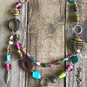 Rustic Stone Heart Pendant Necklace, Boho Tribal Beaded Assemblage