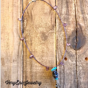 Purple Sugar Skull Necklace, Dia de los Muertos Necklace, Day of the Dead Necklace, Purple and Turquoise Beaded Necklace