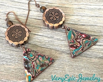 Rustic Boho Earrings Long Beaded Dangle Bohemian Assemblage Earrings Handmade Polymer Clay Earrings