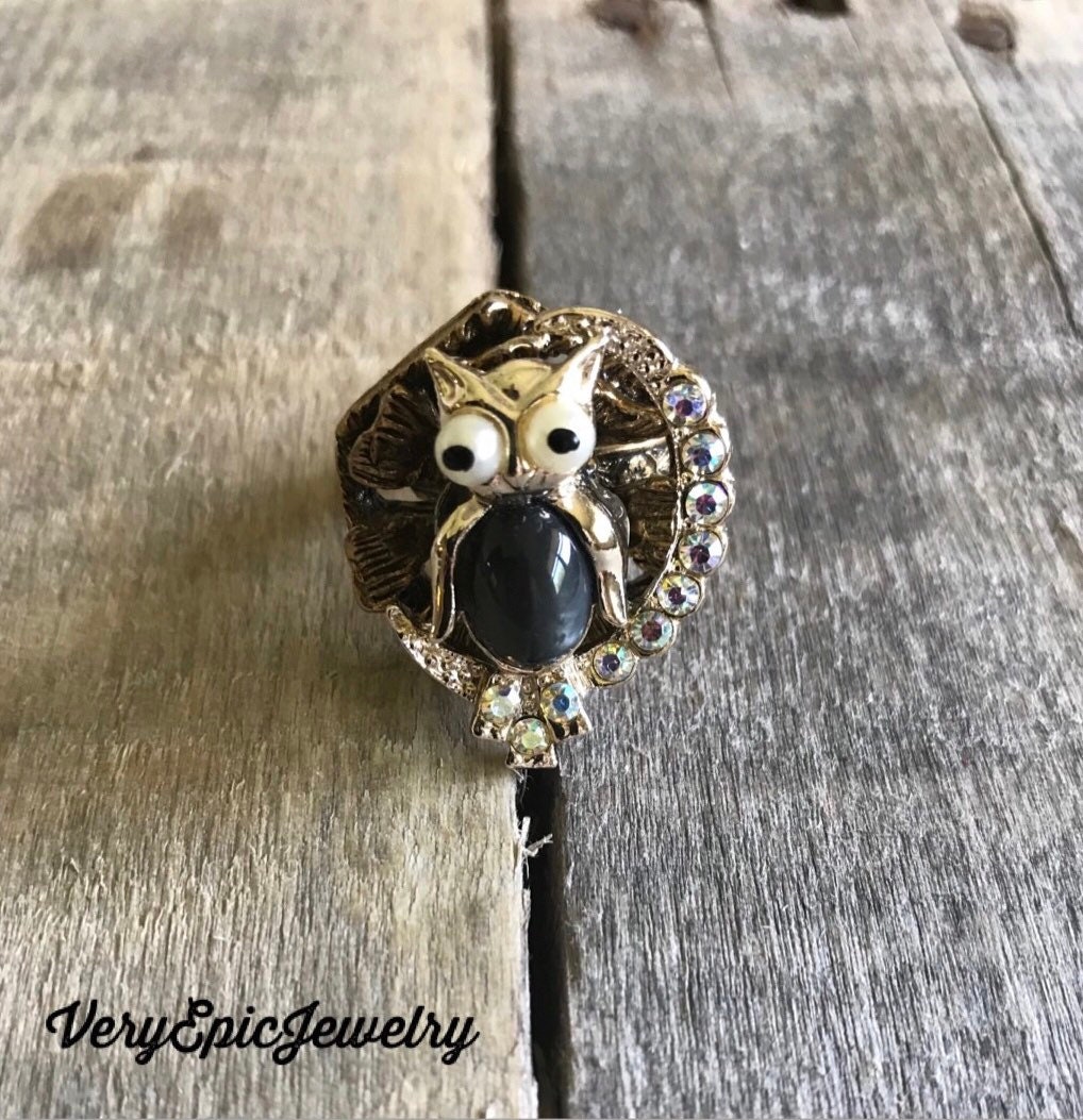Vintage Rhinestone Owl Statement Ring, Upcycled Assemblage Jewelry