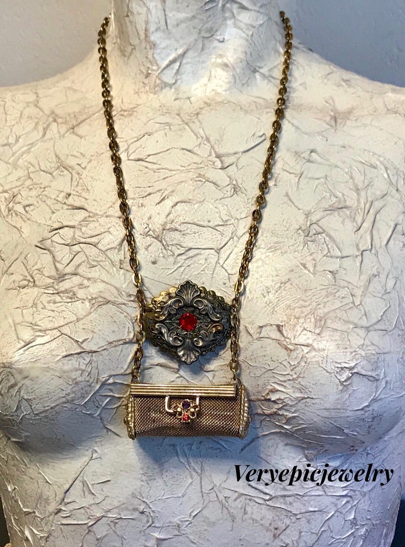 Vintage Repurposed Lipstick Holder Necklace Ornate Necklace Assemblage Necklace Red Crystal