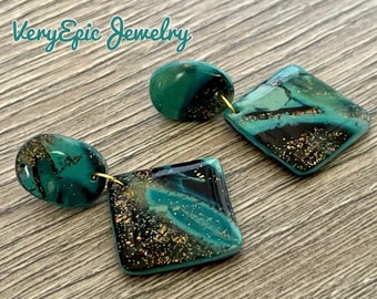 Shimmery Turquoise Boho Elegant Earrings Dangle Bohemian Assemblage Earrings Handmade Polymer Clay Earrings