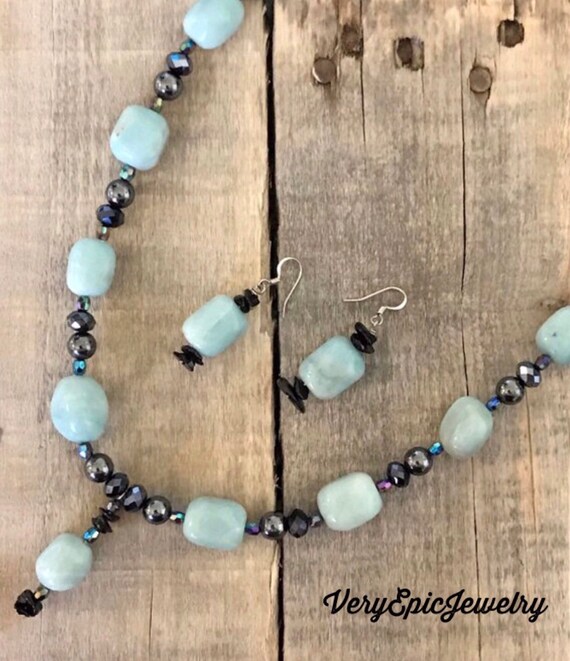 Larimar gemstone beaded necklace with onyx chunk beads Etsy