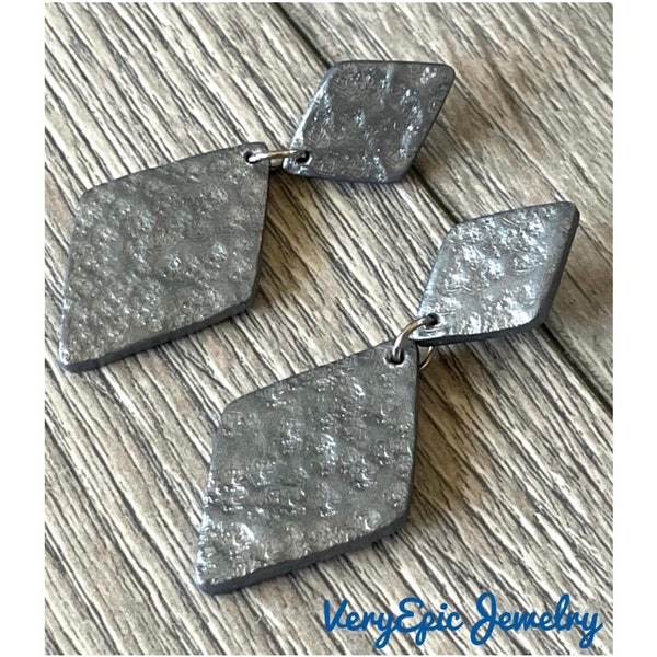 Faux Hammered Silver Metal Polymer Clay Earrings Statement Earrings Modern Jewelry Handcrafted Lightweight Earrings