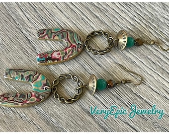 Rustic Boho Earrings Long Beaded Dangle Bohemian Assemblage Earrings Handmade Polymer Clay Earrings Reversible Earrings