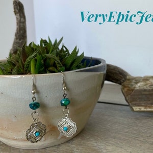 Western boho turquoise teardrop concho earrings, turquoise jewelry, western jewelry, boho jewelry, turquoise earrings, western earrings