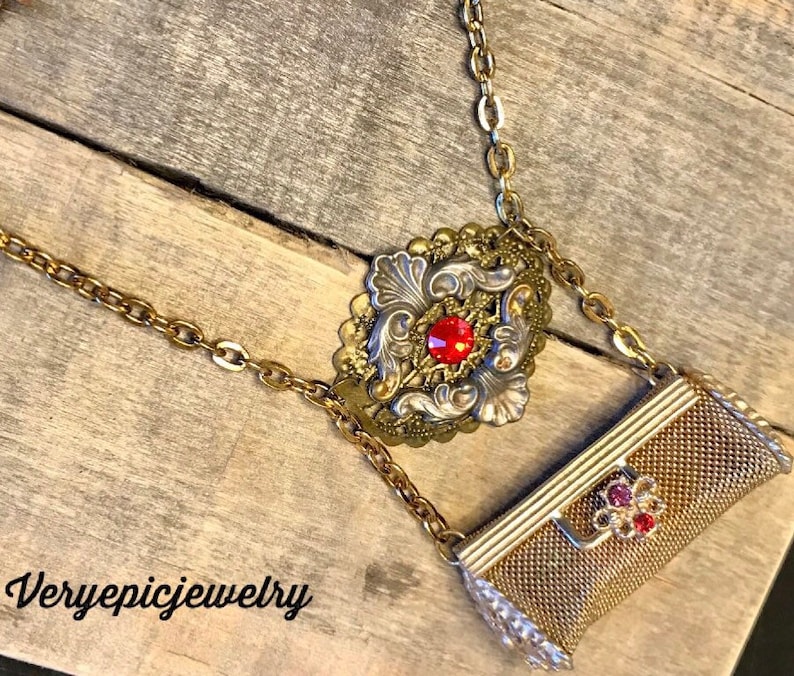 Vintage Repurposed Lipstick Holder Necklace Ornate Necklace Assemblage Necklace Red Crystal