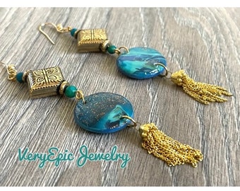 Shimmery Turquoise Boho Elegant Earrings Long Dangle Bohemian Assemblage Earrings Handmade Polymer Clay Earrings