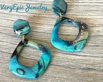 Shimmery Turquoise Boho Elegant Earrings Bohemian Dangle Assemblage Earrings Handmade Polymer Clay Earrings