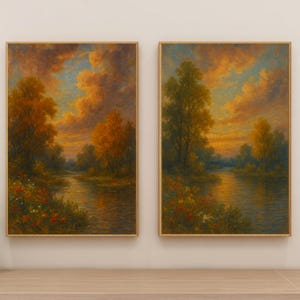 Vintage Farmhouse Landscape Art Prints: Rustic Countryside Decor (Digital Download Set of 2)