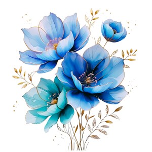 May include: Watercolor illustration of blue flowers with gold outlines and accents. The flowers have multiple layers of petals and are in various stages of bloom. The image is set against a white background, with delicate gold leaves and specks.