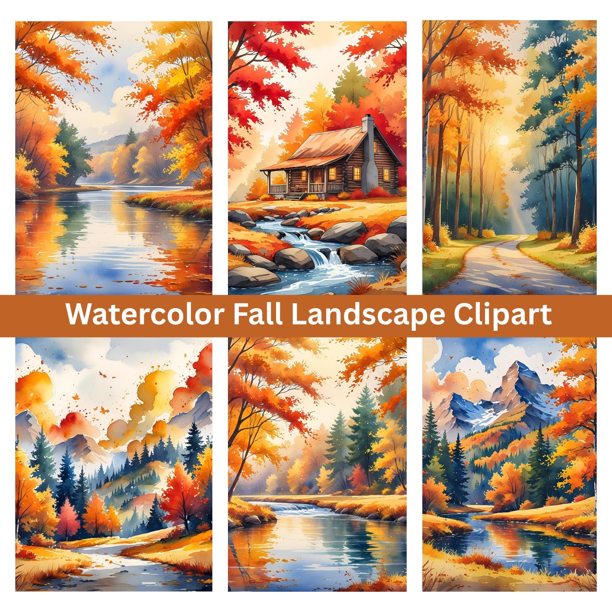 Fall Watercolor Landscape Clipart: Autumn Nature Scenes (JPG & PDF)