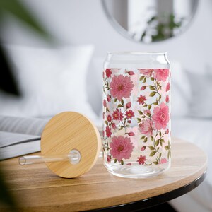 Floral 16oz Iced Coffee Cup with Bamboo Lid & Straw - Floral Water Bottle, Aesthetic Cold Drink Tumbler - Gift for Women and Coffee Lovers