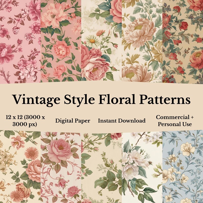Vintage Floral Paper Pack: 12x12 Scrapbook JPG Backgrounds (digital ...