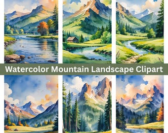Watercolor Mountain Landscape Clipart: Scenic Wall Art Backgrounds (PNG, JPG, PDF Download)